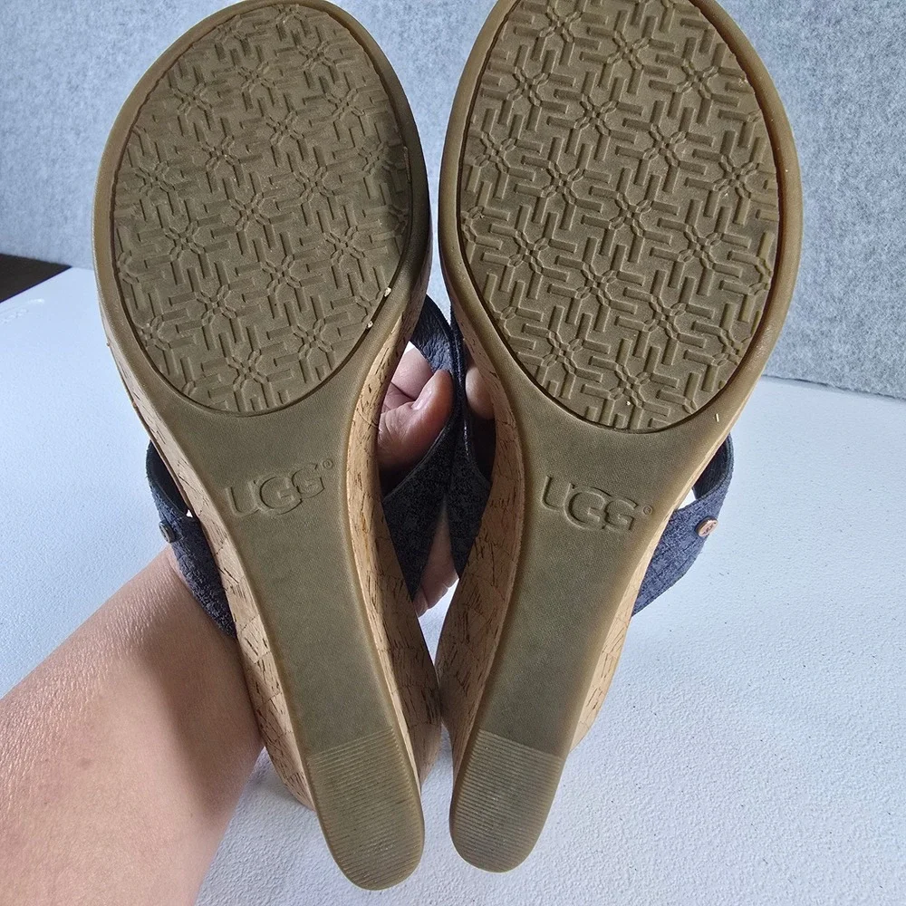 UGG Australia Lucianna Mar Blue Metallic Leather Cork Wedge Sandals 1011000 8.5